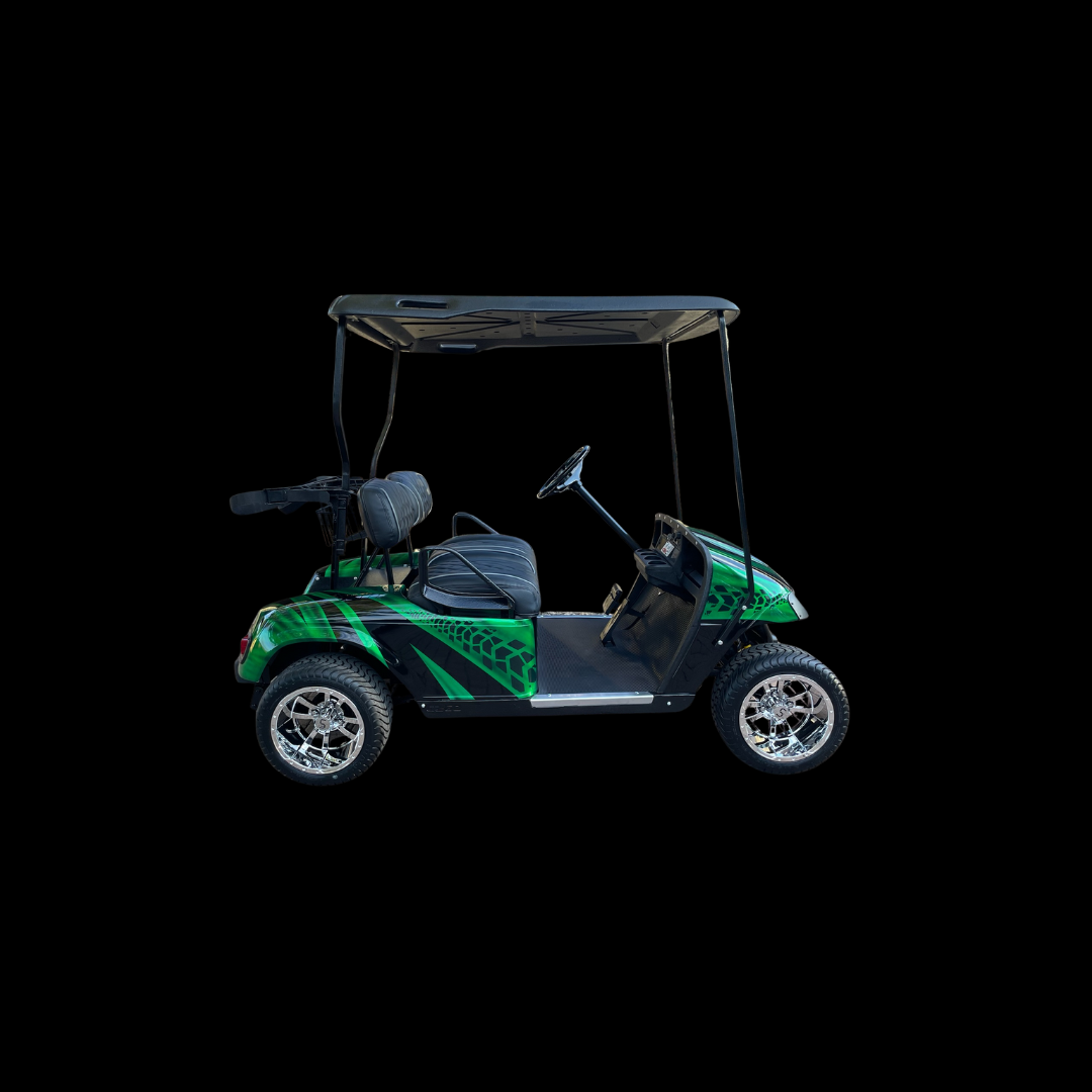 Green golf cart with black roof — compact recreational vehicle for sale or rental
