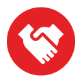 Red circle with white handshake icon — symbolizing trust, partnership, or sales agreement