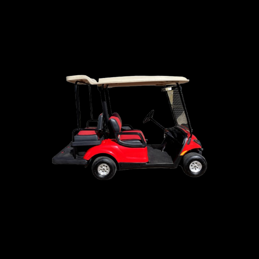 Red and black golf cart with roof — stylish recreational vehicle