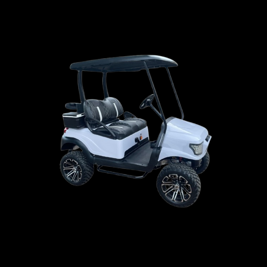 Silver golf cart with black accents — modern electric vehicle for recreation