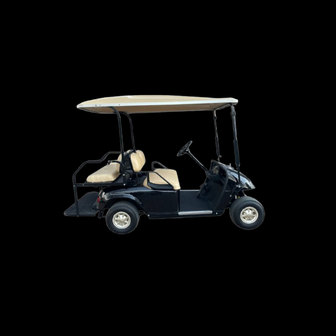 Black golf cart with beige roof — sleek design for resort or private use